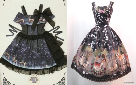 Left: "Deers in the Mist" JSK by Long Ears and Sharp Ears' Studio in black Right: "Enchanted Fawn" JSK By Haenuli The theme of the dresses is very similar, but the differences are striking.